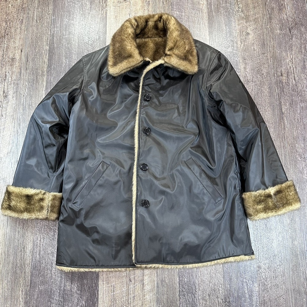 Vintage Donnybrook Women's Black Polyvinyl‎ Reversible Faux Fur Coat Size Large